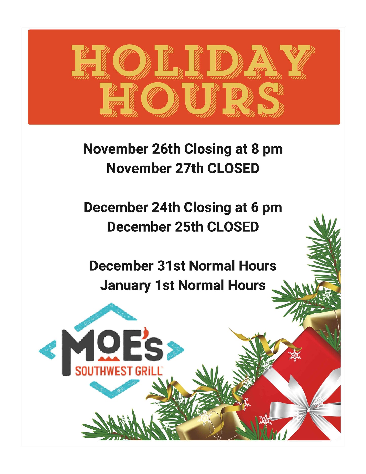 Holiday Hours Window Decal